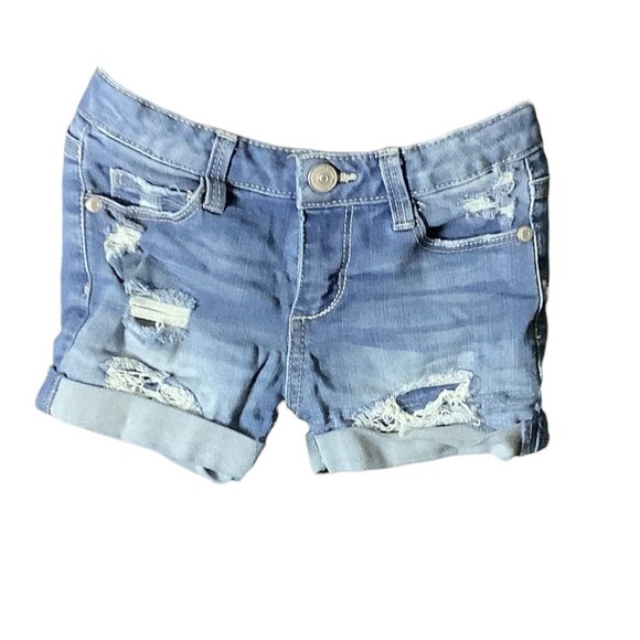 Arizona Jean Co Girls Blue Denim Shortie Shorts Ripped Adjustable Waist Size 6 - Picture 1 of 11